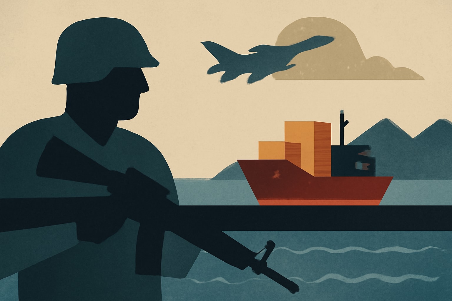 Editorial illustration for: U.S. Blockade Halts Ship Traffic to Iranian Ports, CENTCOM Reports