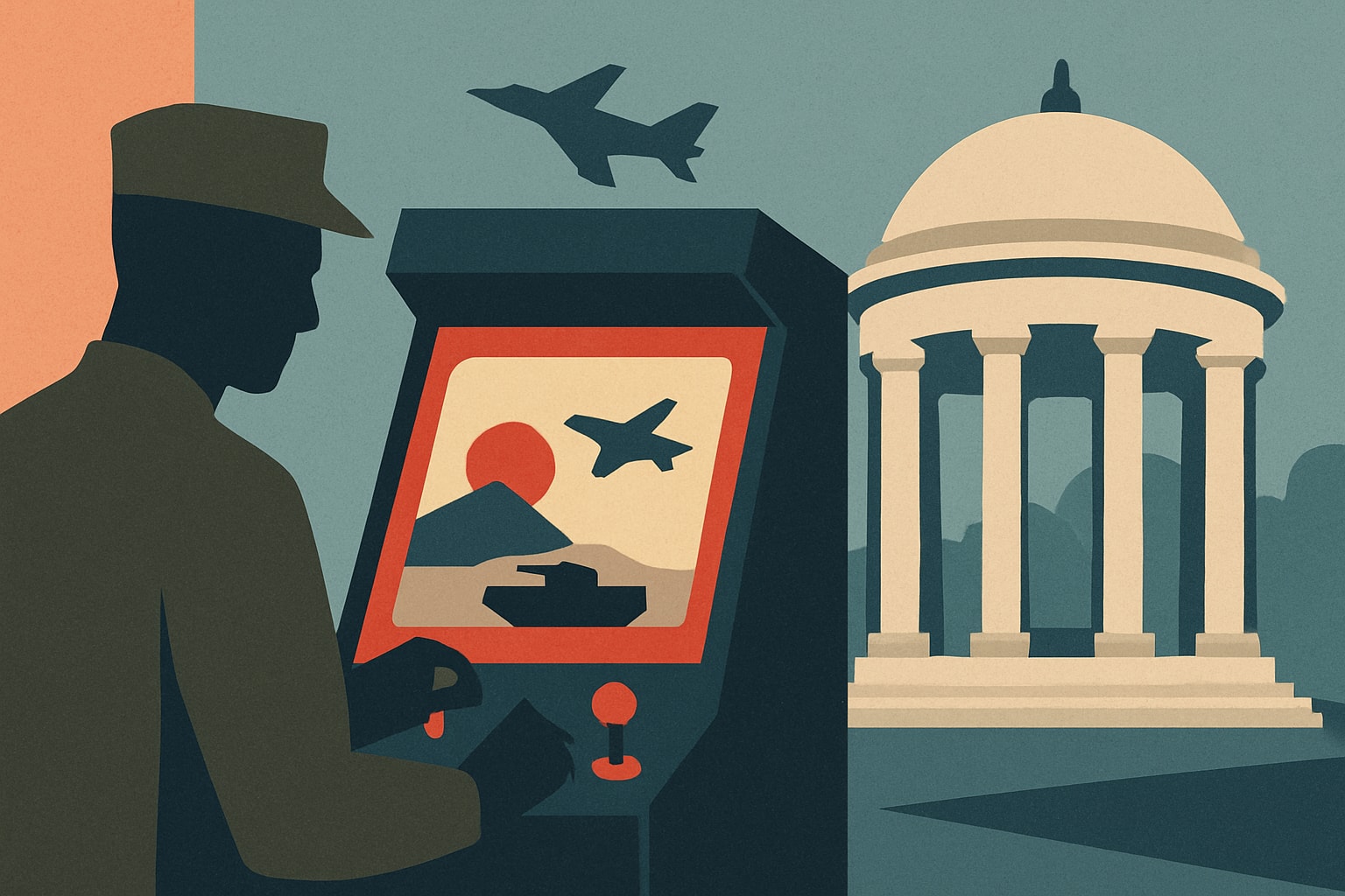 Editorial illustration for: New Arcade Game Satirizing Iran War Unveiled at DC War Memorial