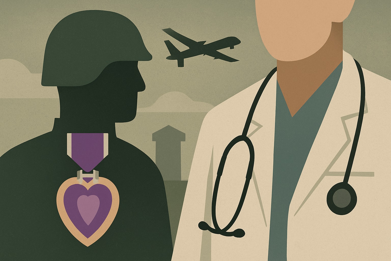 Editorial illustration for: Doctor Advocates for Purple Hearts After Tower 22 Drone Attack