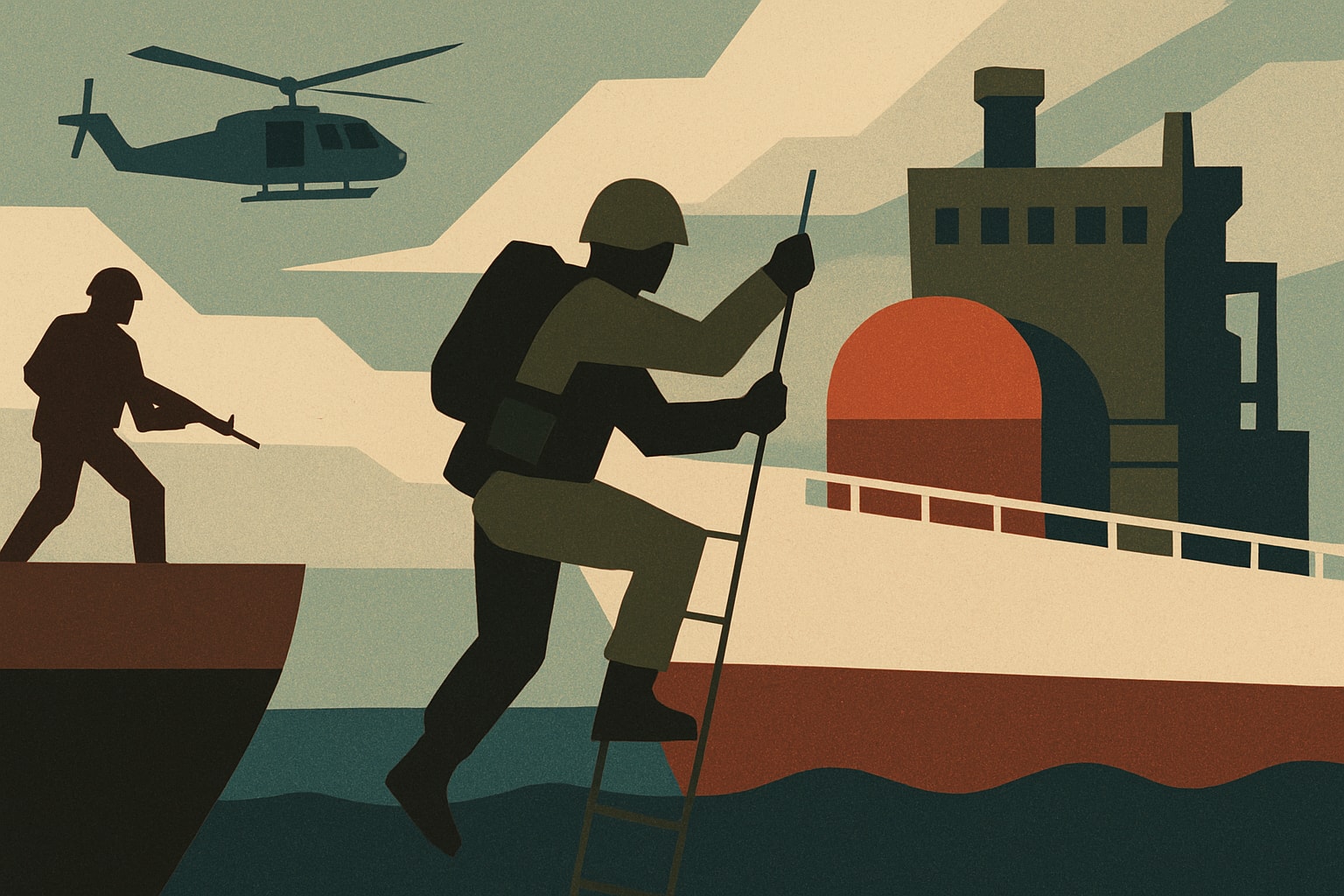 Editorial illustration for: US Marines Board and Redirect Iranian-Flagged Tanker Amid Ongoing Blockade