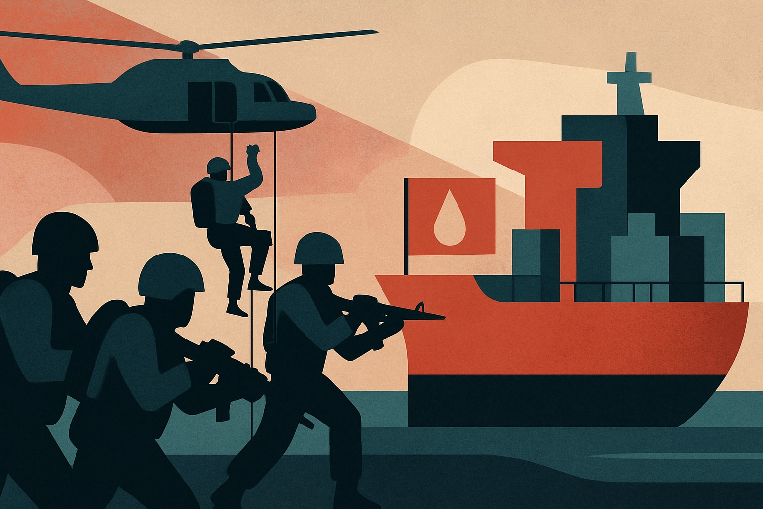 Editorial illustration for: U.S. Marines Board and Redirect Iranian-Flagged Tanker Amid Ongoing Blockade