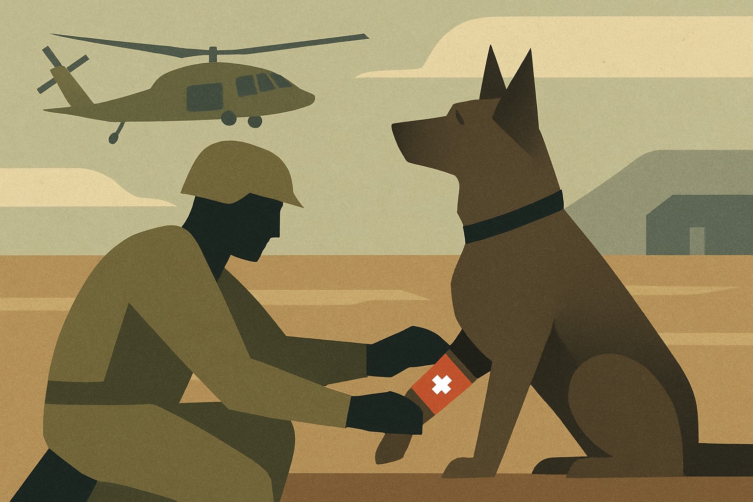 Editorial illustration for: Pentagon Enhances Medical Care for Wounded Military Dogs