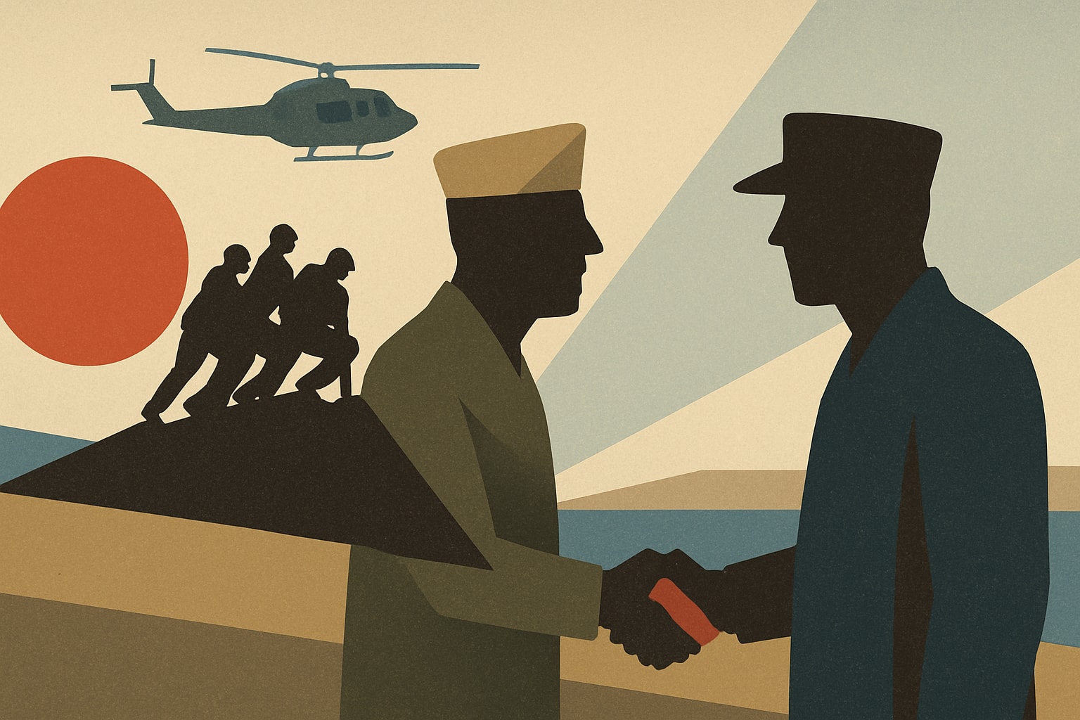 Editorial illustration for: 81 Years After Iwo Jima, Marines Reunite and Share Memories