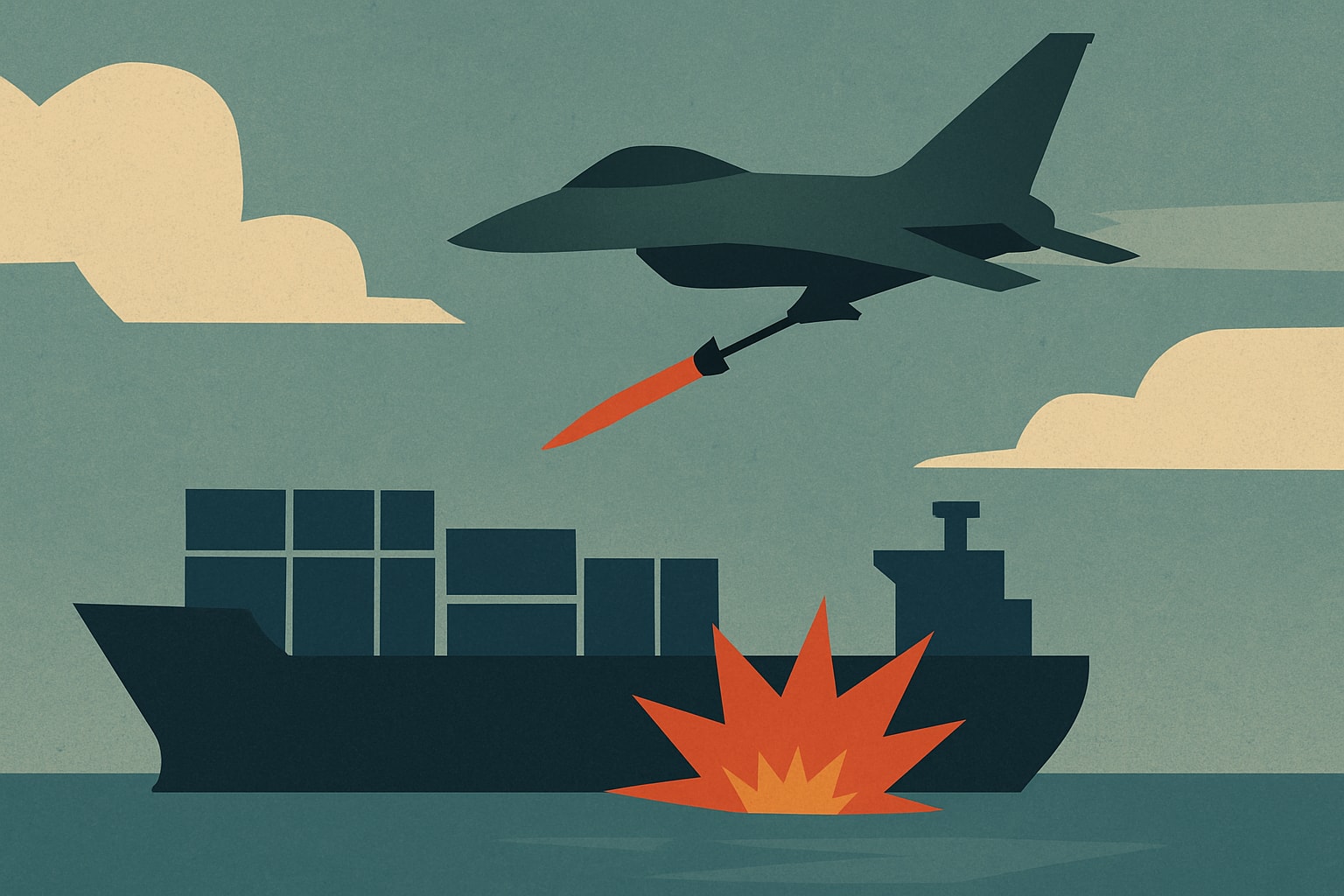 Editorial illustration for: U.S. Military Strikes Cargo Ship Attempting to Breach Blockade to Iran