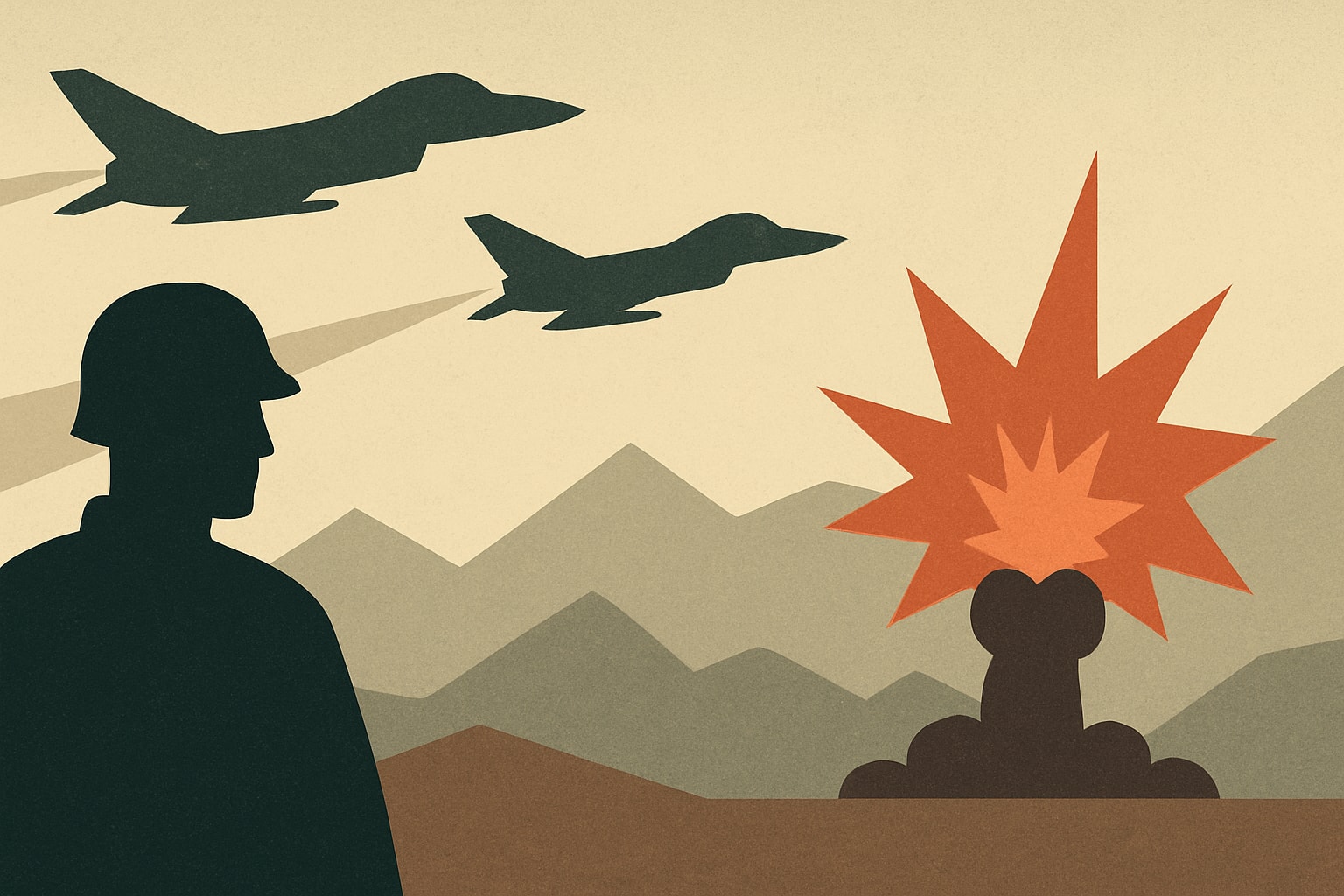 Editorial illustration for: U.S. Military Conducts Strikes in Iran Targeting Threatening Military Site