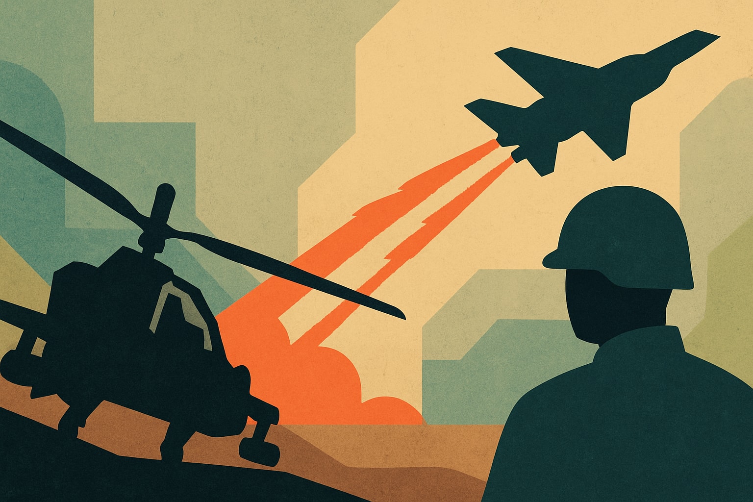 Editorial illustration for: U.S. Launches Strikes on Iran After Apache Helicopter Downed