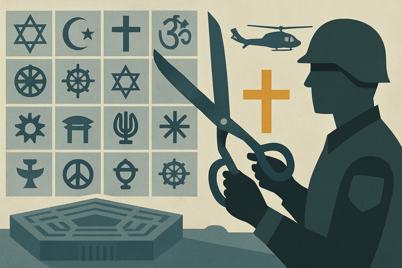 Editorial illustration for: Pentagon Reduces Religious Affiliation Codes from Over 200 to 31