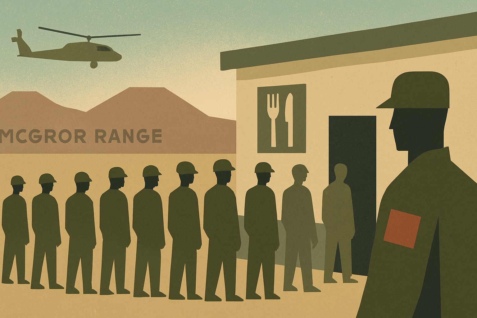 Editorial illustration for: Long Lines at McGregor Range Dining Facility Impact Soldiers' Meal Access