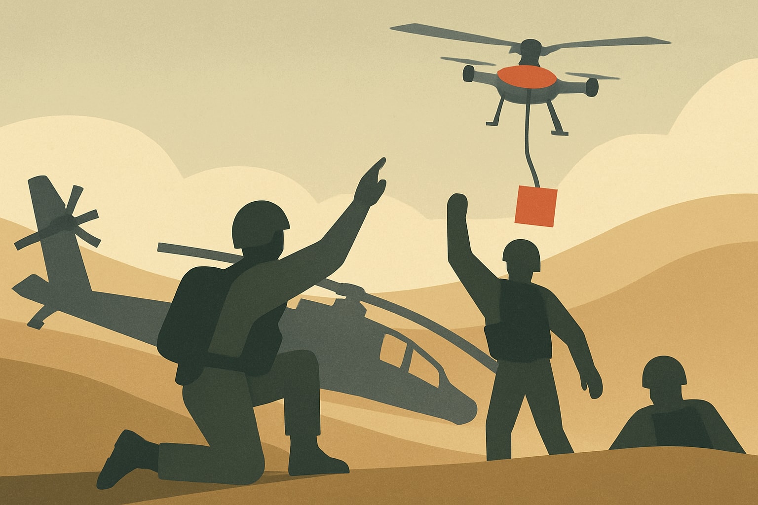 Editorial illustration for: U.S. Soldiers Rescued by Drone After Apache Helicopter Goes Down Near Oman
