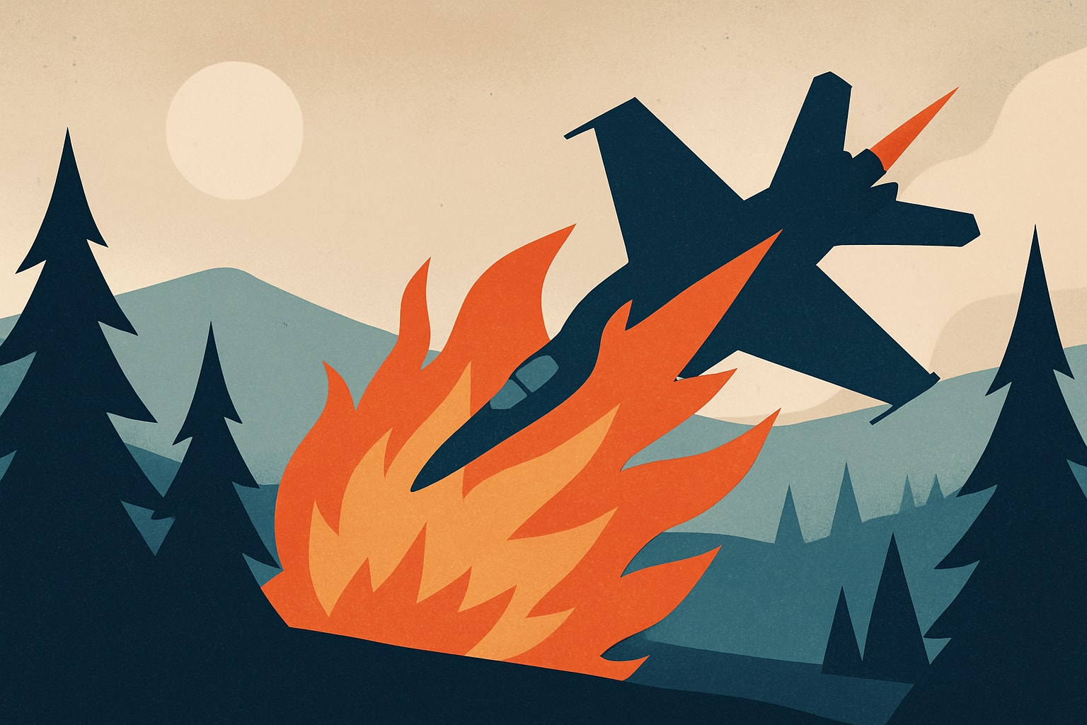 Editorial illustration for: F/A-18 Hornet Crashes in Washington State, Leading to Wildfire