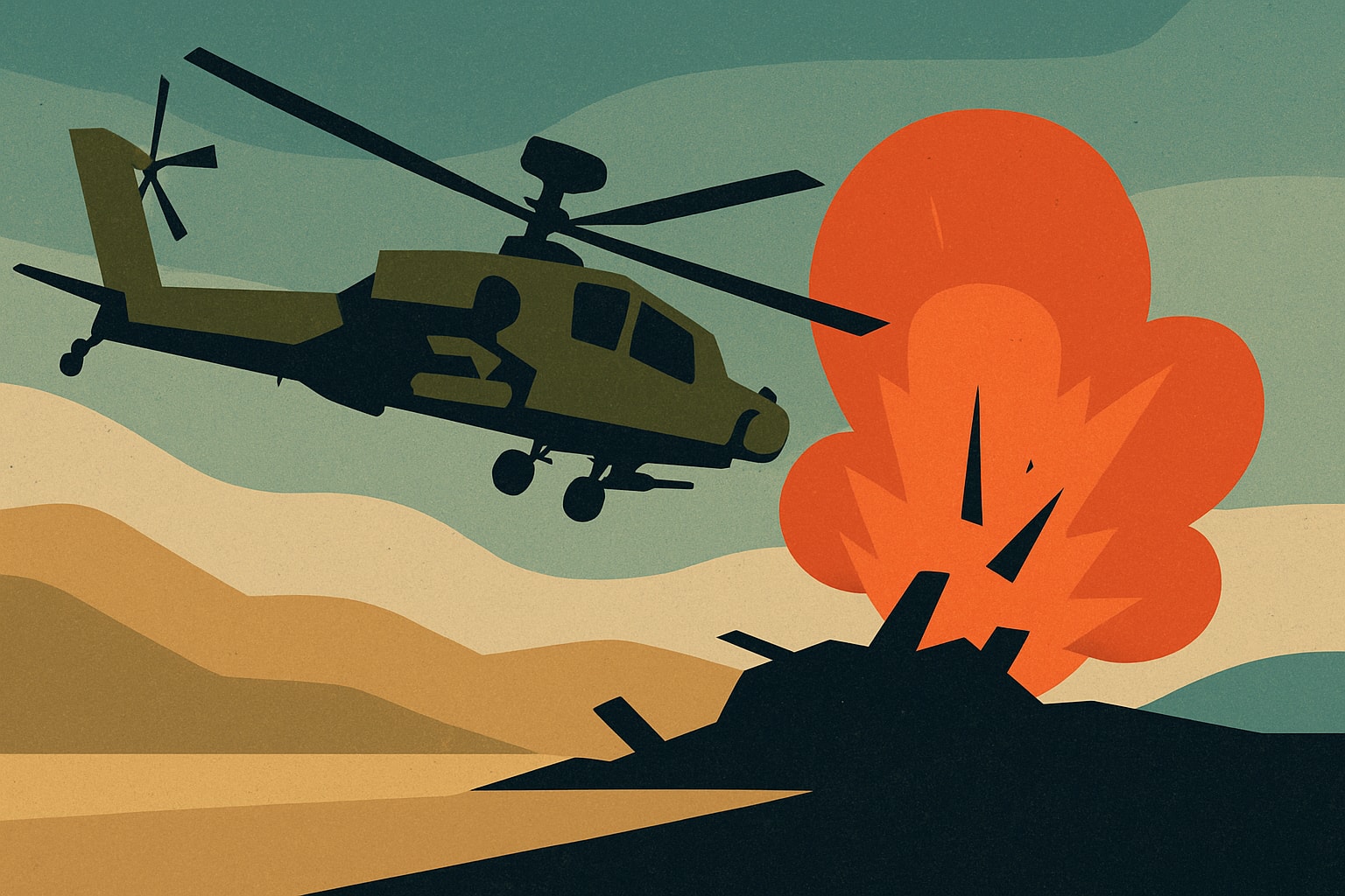 Editorial illustration for: Apache Helicopter Crash Near Oman Signals Shift in Air Combat Dynamics