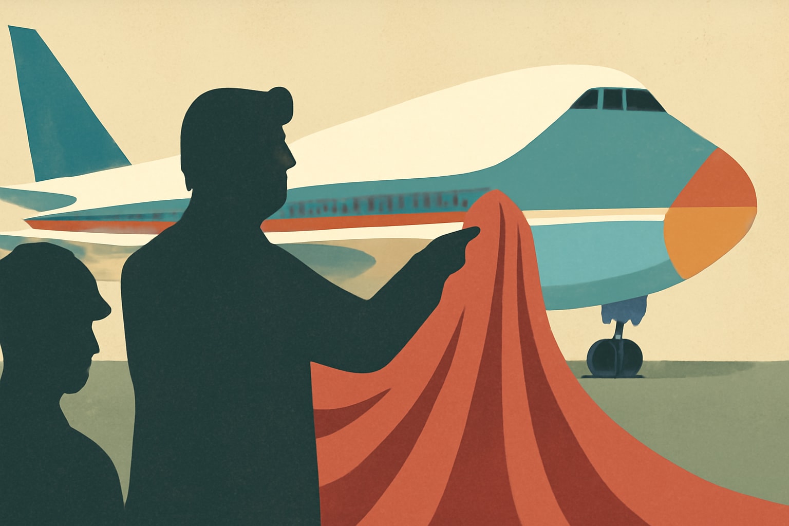 Editorial illustration for: President Trump Unveils New Air Force One Aircraft from Qatar