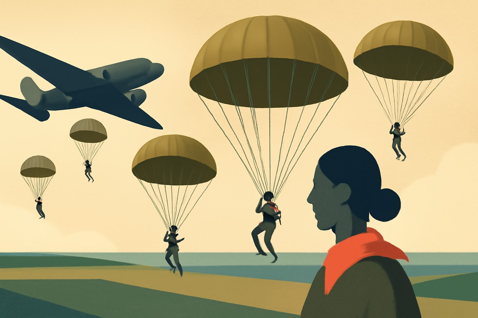 Editorial illustration for: First All-Female Team Parachutes into Normandy for D-Day's 82nd Anniversary
