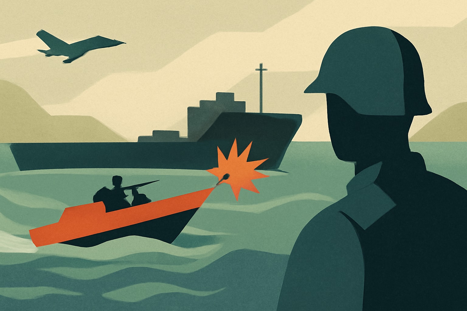 Editorial illustration for: Iranian Gunboats Fire on Tanker in Strait of Hormuz Amid Renewed Tensions