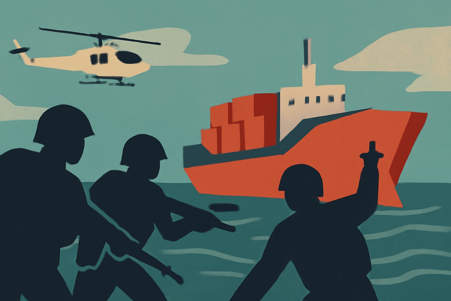 Editorial illustration for: U.S. Marines Seize Iranian Cargo Ship in Strait of Hormuz