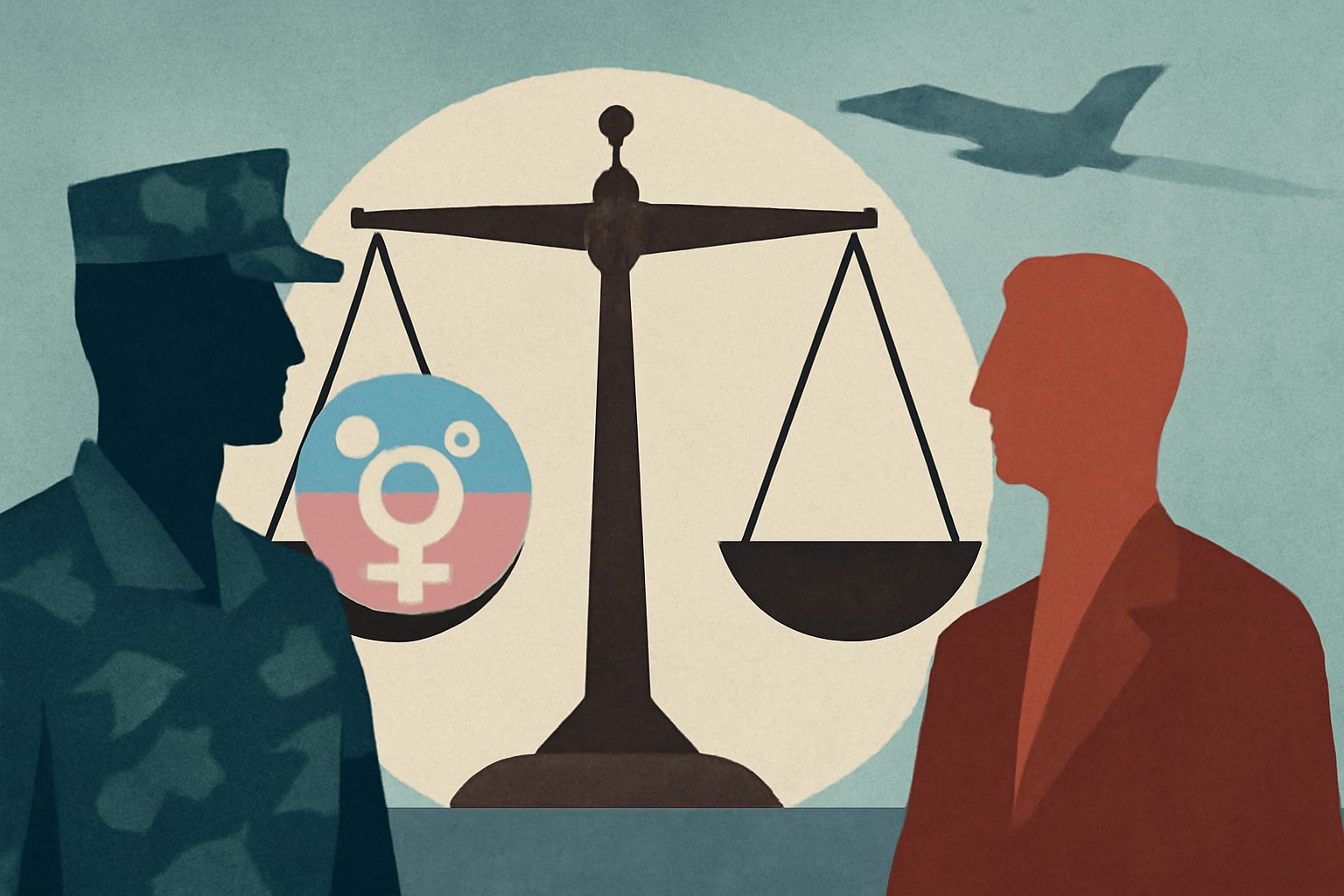 Editorial illustration for: Court Rules in Favor of Transgender Service Members Against Trump Policies
