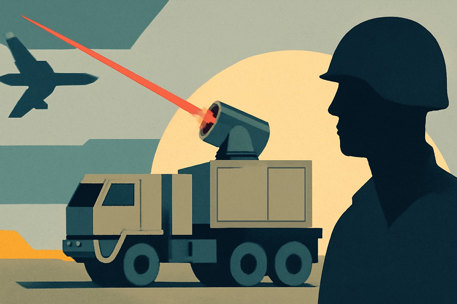 Editorial illustration for: The Pentagon's Ambitious Plan for High-Energy Laser Trucks