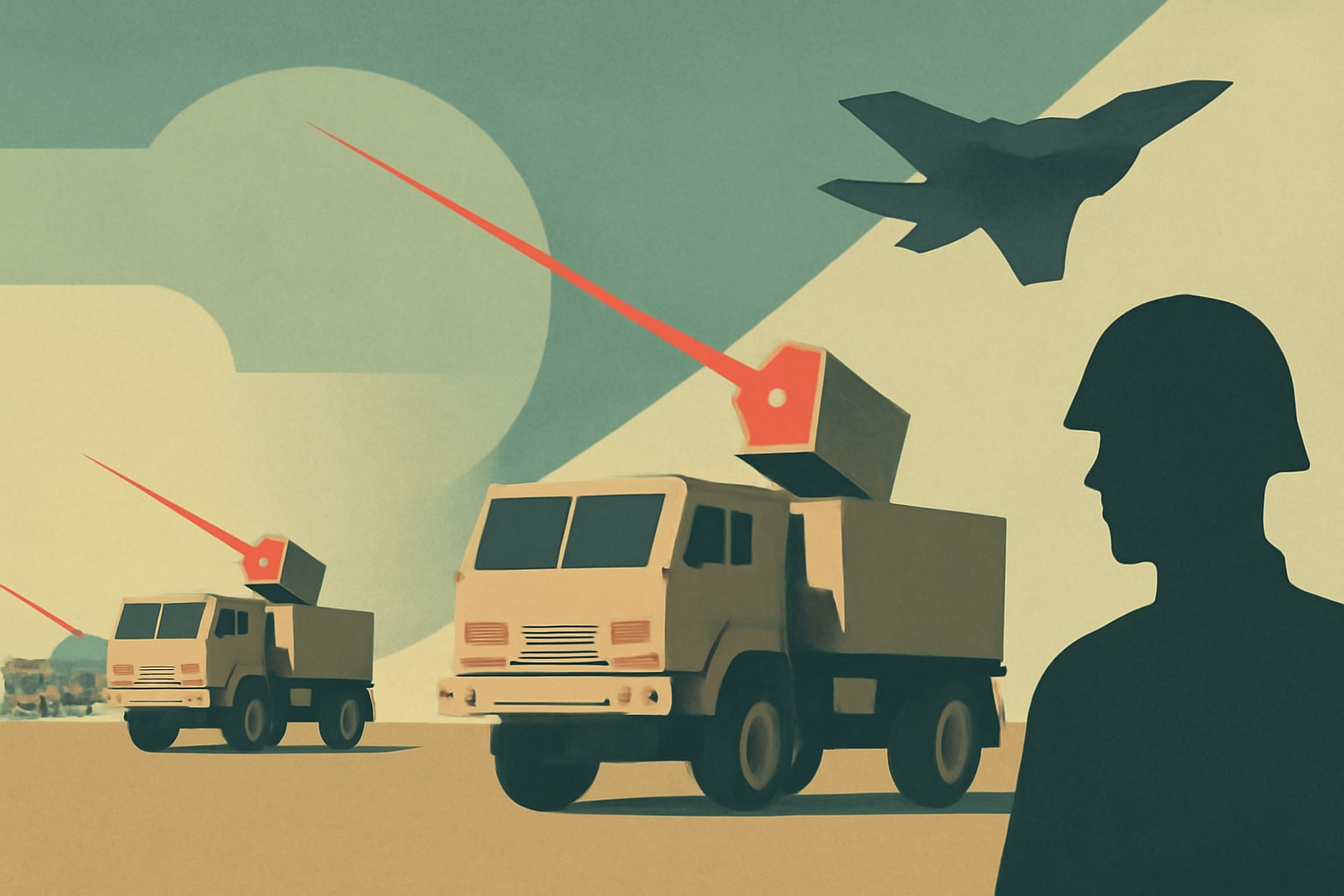 Editorial illustration for: Pentagon Explores Fleet of Laser Trucks for Enhanced Combat Capability