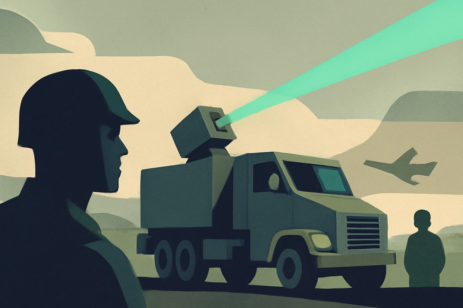 Editorial illustration for: Pentagon Explores High-Energy Laser Trucks for Military Use