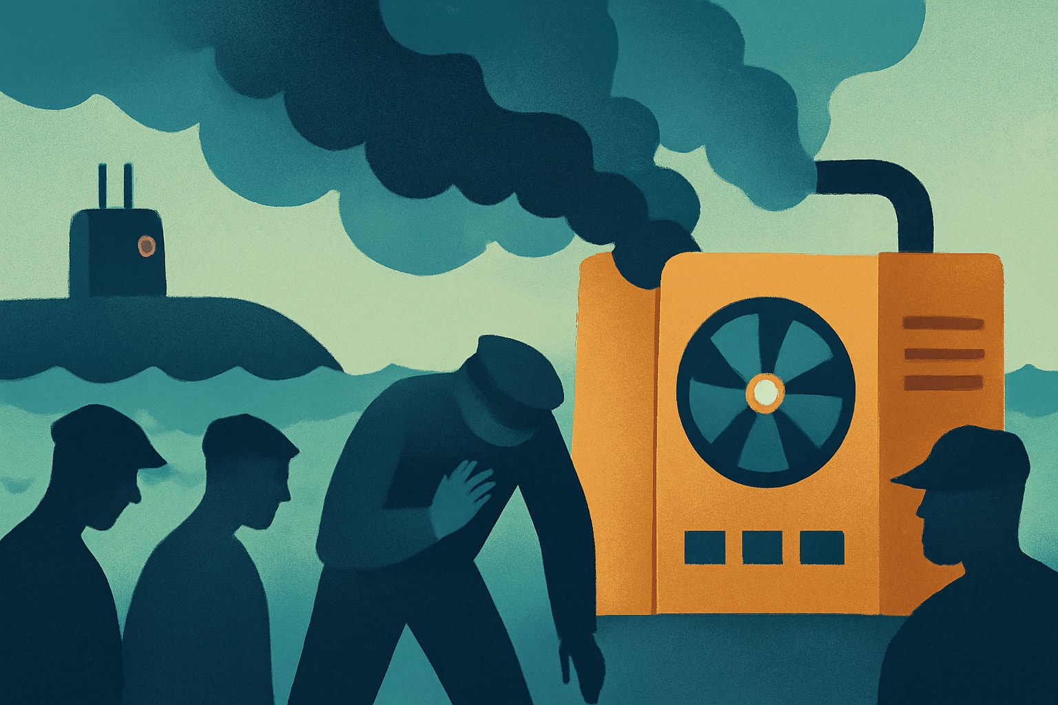 Editorial illustration for: Over 60 Sailors on USS Nebraska Sickened by Diesel Generator Malfunction