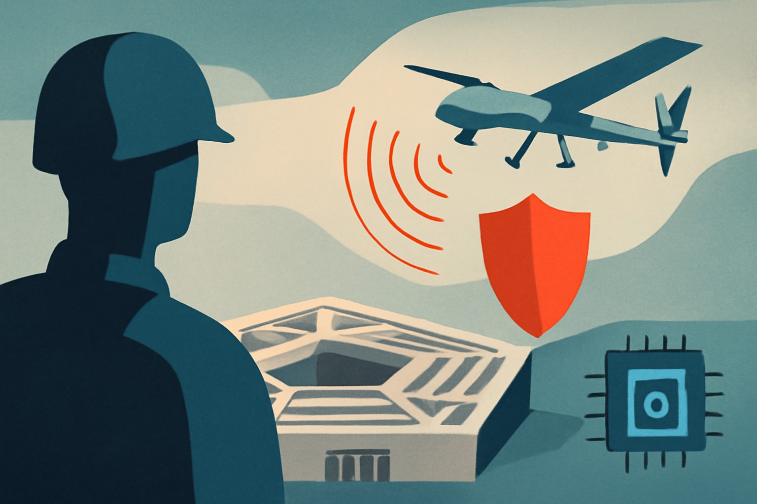 Editorial illustration for: Pentagon Awards $80 Million Task Order for AI Drone Defense Technology