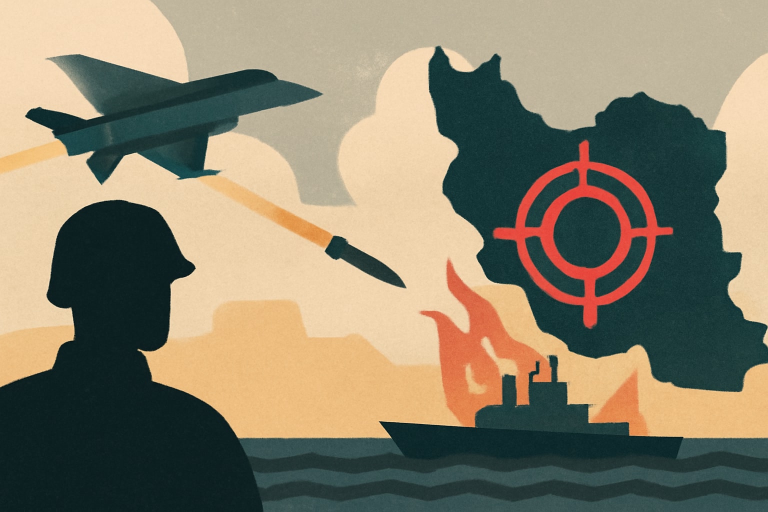 Editorial illustration for: U.S. Conducts Airstrikes on Iran Following Ship Attacks