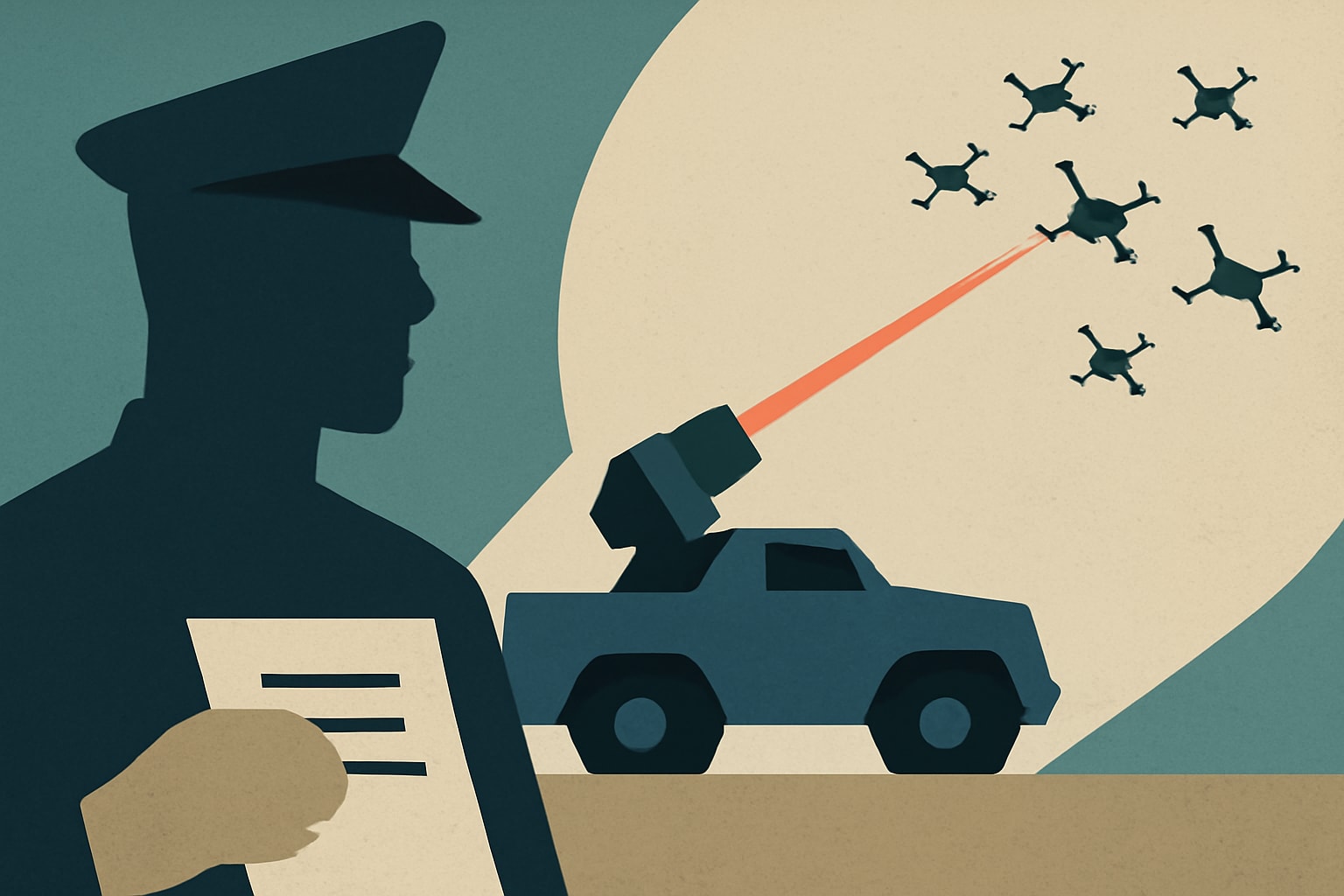 Editorial illustration for: Pentagon Awards Contracts for Laser Weapons to Combat Drone Swarms