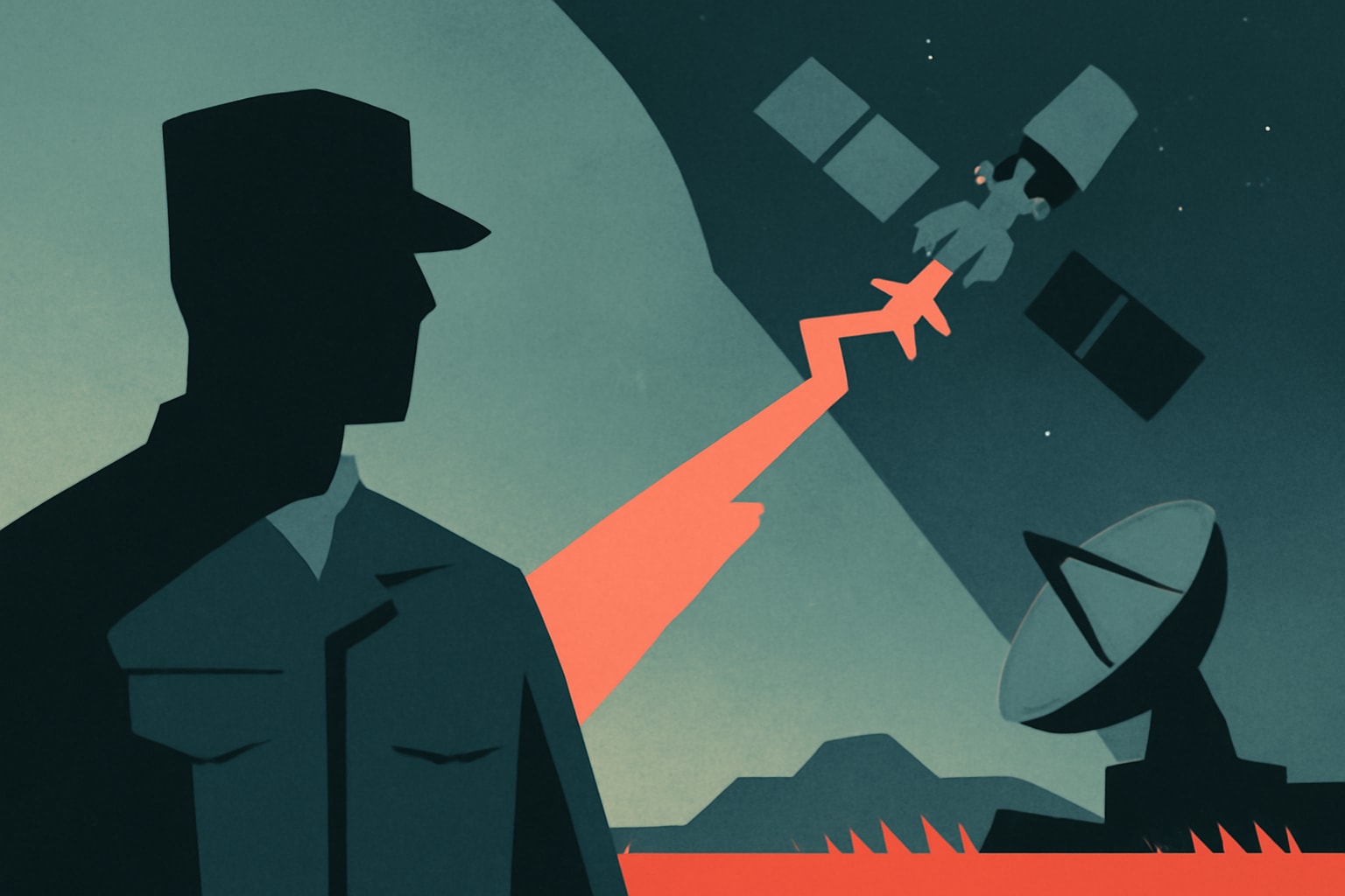 Editorial illustration for: Space Force Unveils Meadowlands System for Disabling Satellites