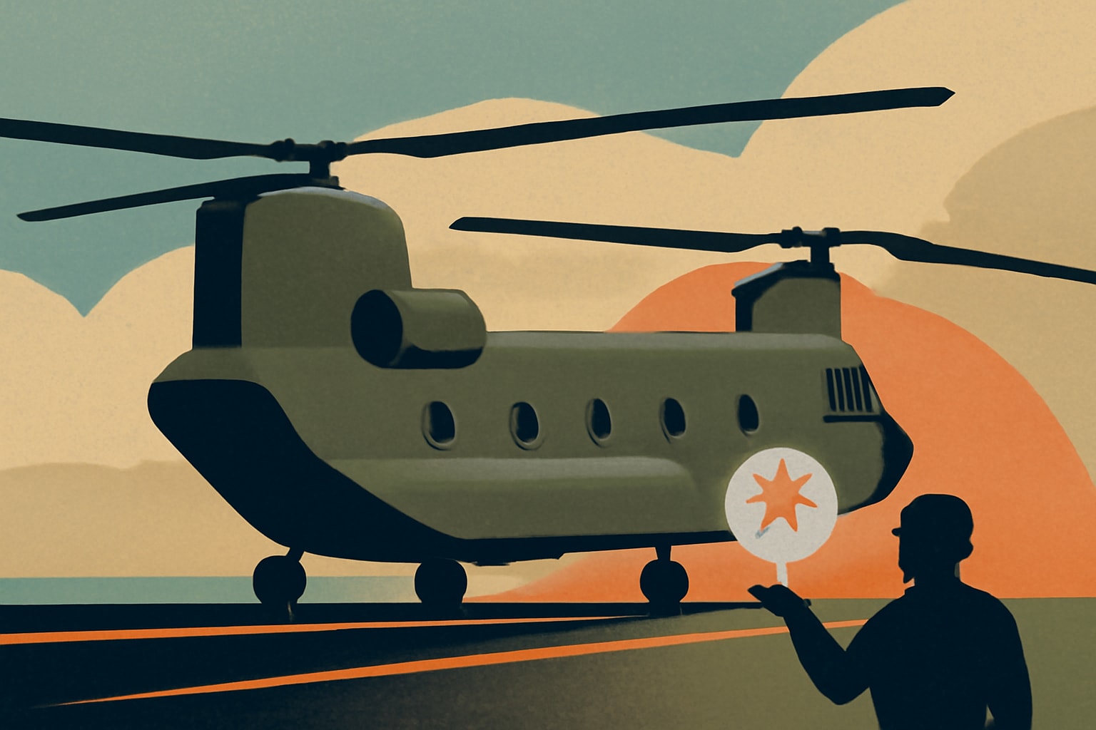 Editorial illustration for: Boeing Lands Chinook Helicopter Without a Pilot at the Controls