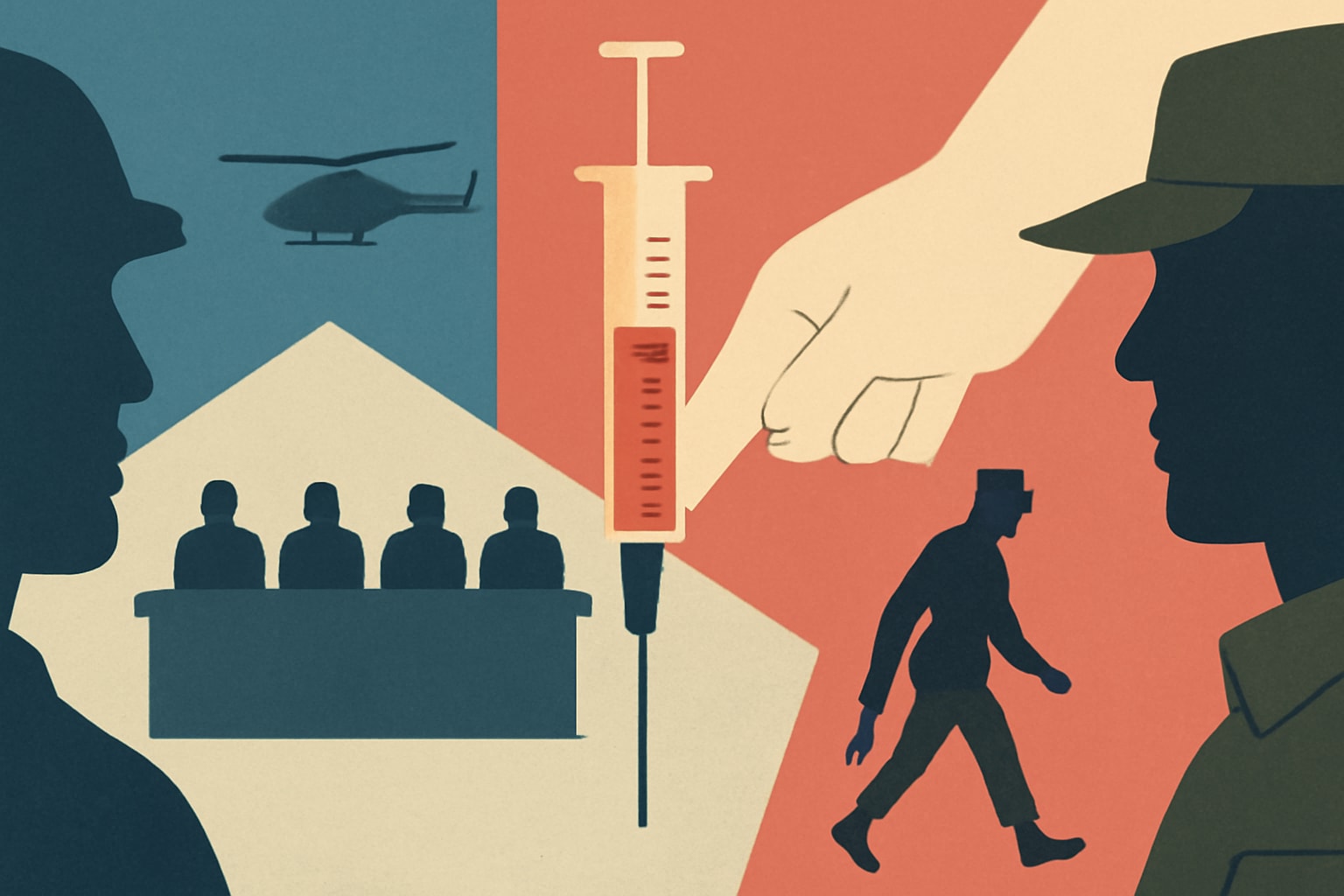 Editorial illustration for: Panel to Review Pentagon’s COVID Vaccine Mandate and Troops Dismissal