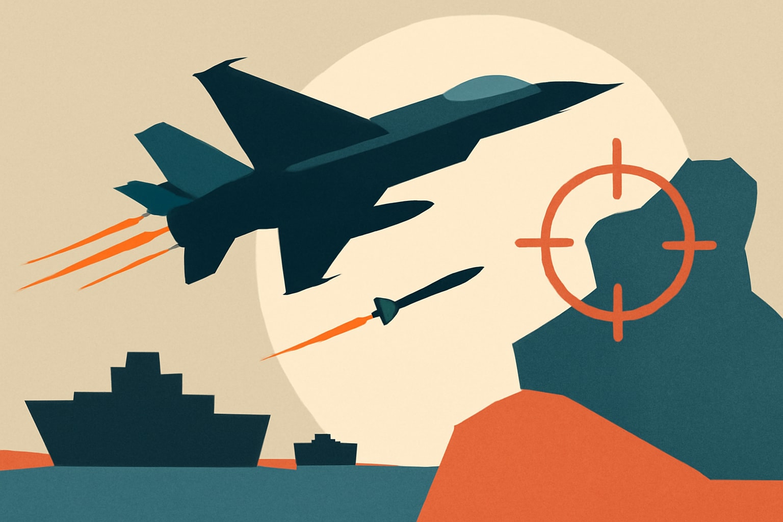 Editorial illustration for: U.S. Conducts New Strikes Against Iran Following Naval Blockade
