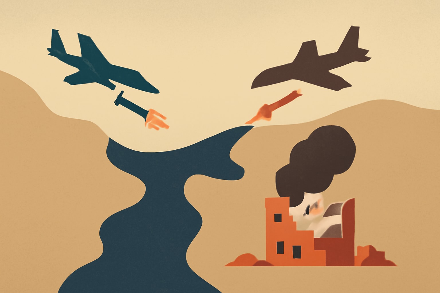Editorial illustration for: US and Iran Trade Strikes Over Strait of Hormuz; Kuwait Suffers Infrastructure Damage