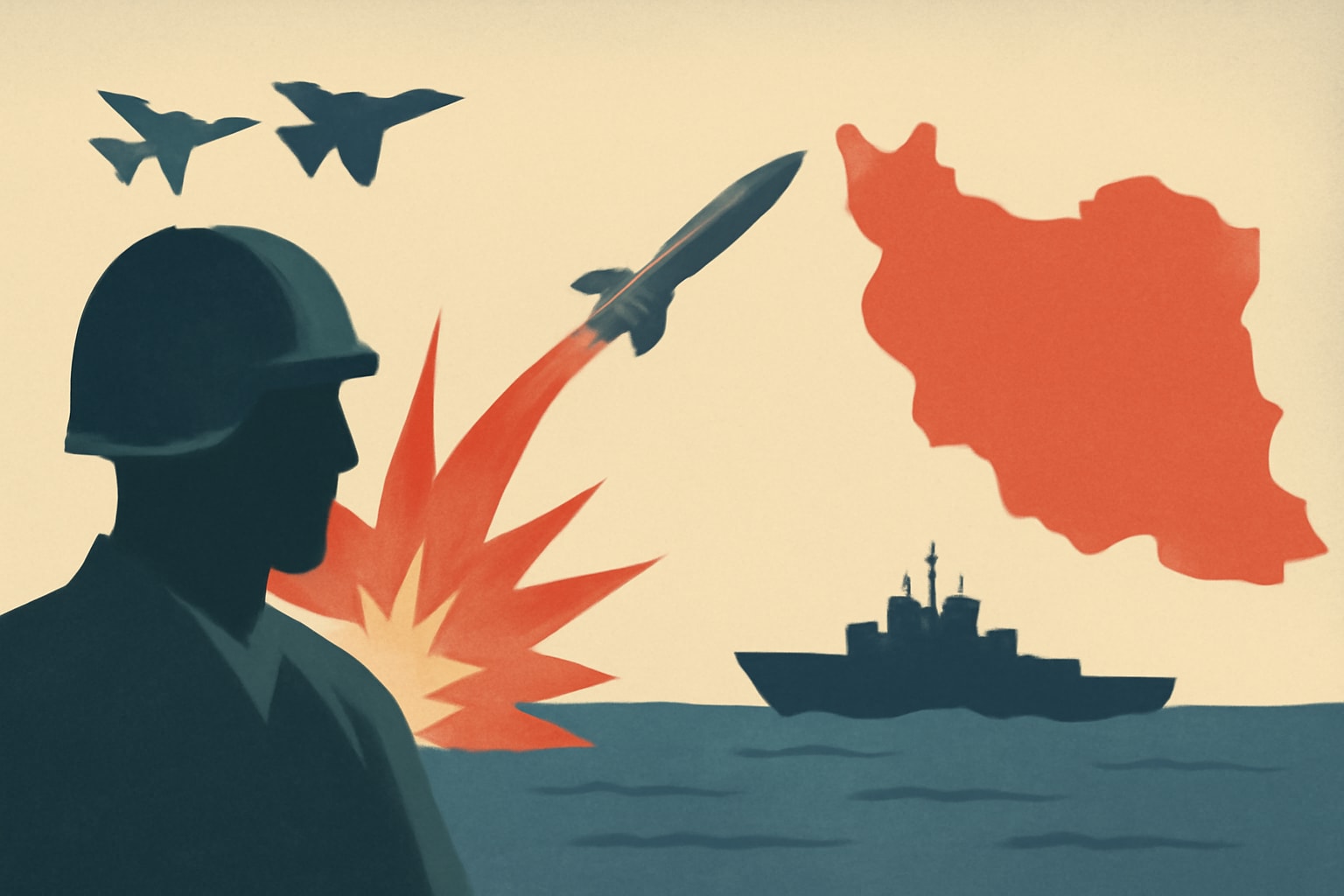 Editorial illustration for: U.S. Launches New Round of Strikes Against Iran Amid Naval Blockade