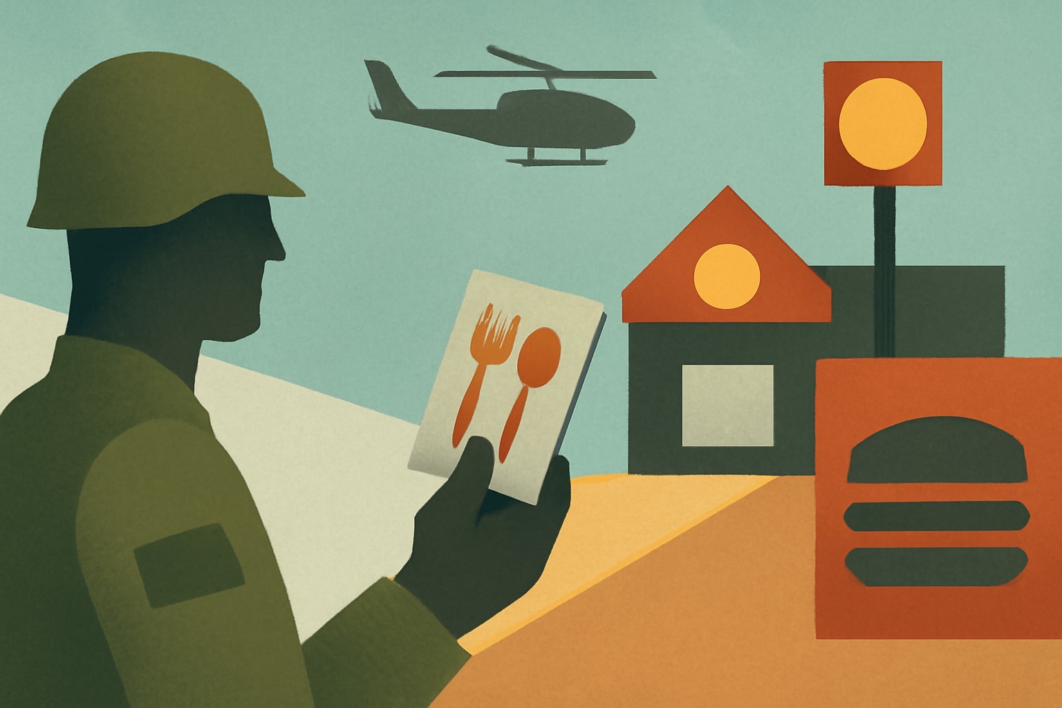 Editorial illustration for: New Army Program Allows Meal Card Use at Fast Food Chains