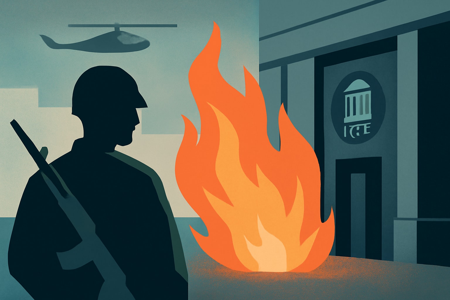 Editorial illustration for: Army Veteran Accused of Setting Fire Outside Federal Building Housing ICE