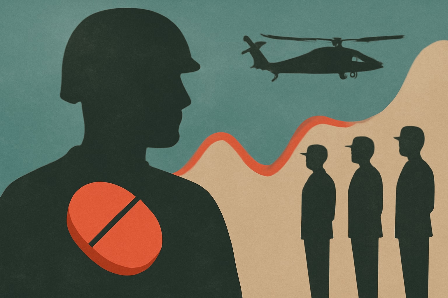 Editorial illustration for: Potential Risks of Widespread Hormone Replacement Therapy for Troops