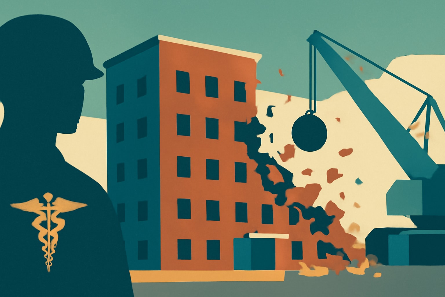 Editorial illustration for: Dorms for 5,200 Enlisted Medical Students to Be Demolished Due to Structural Issues