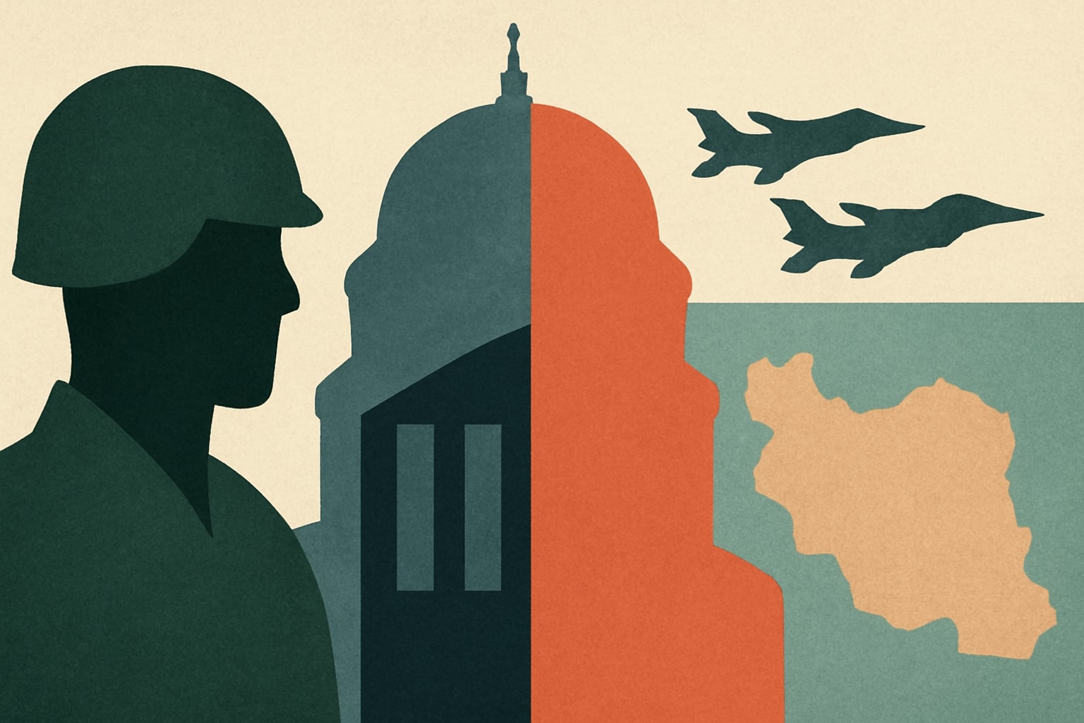 Editorial illustration for: House Passes Resolution to Halt Military Action in Iran Amid Republican Defections