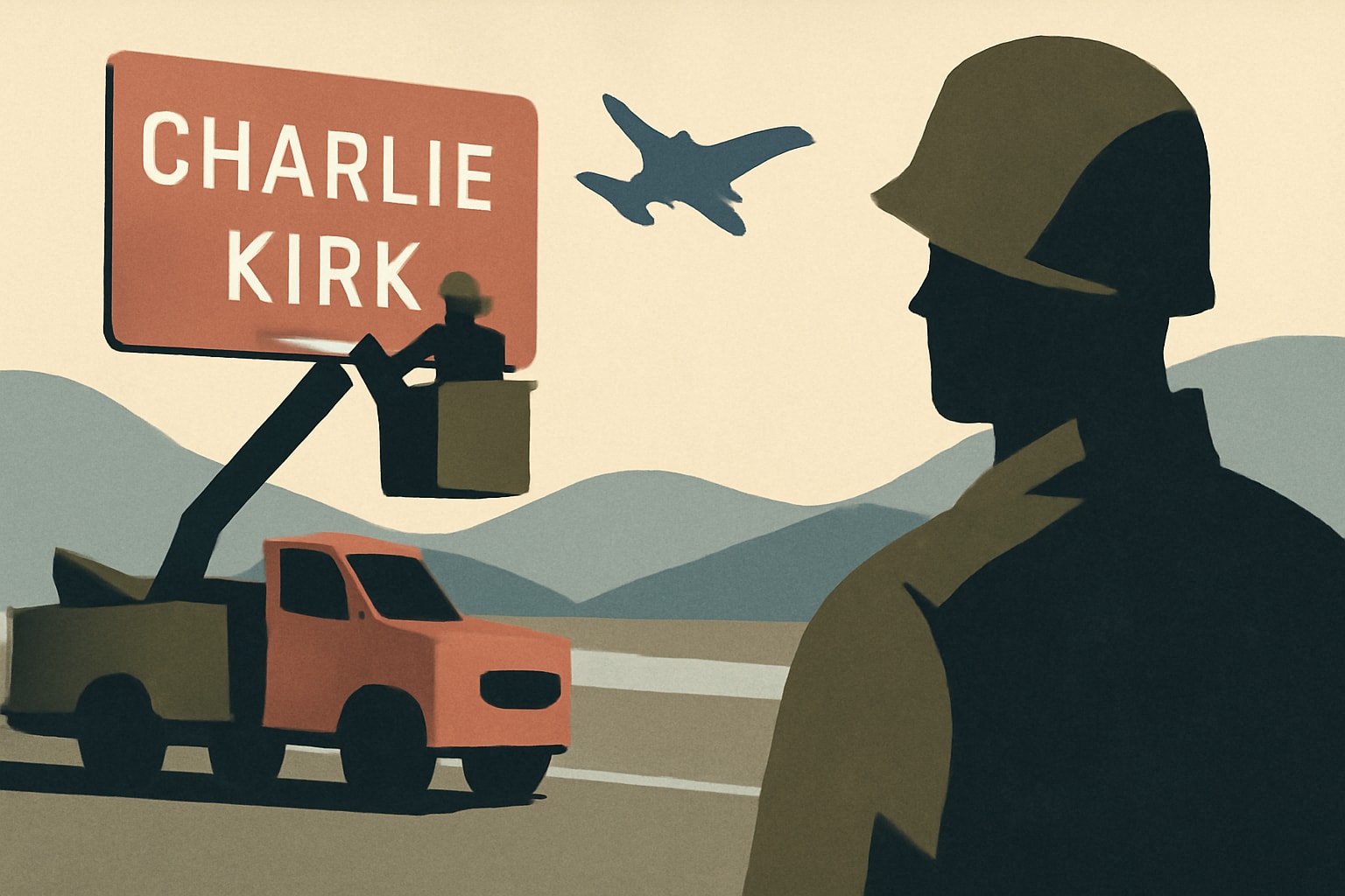Editorial illustration for: Tennessee to Relocate Charlie Kirk Highway Signs After Veteran Objections