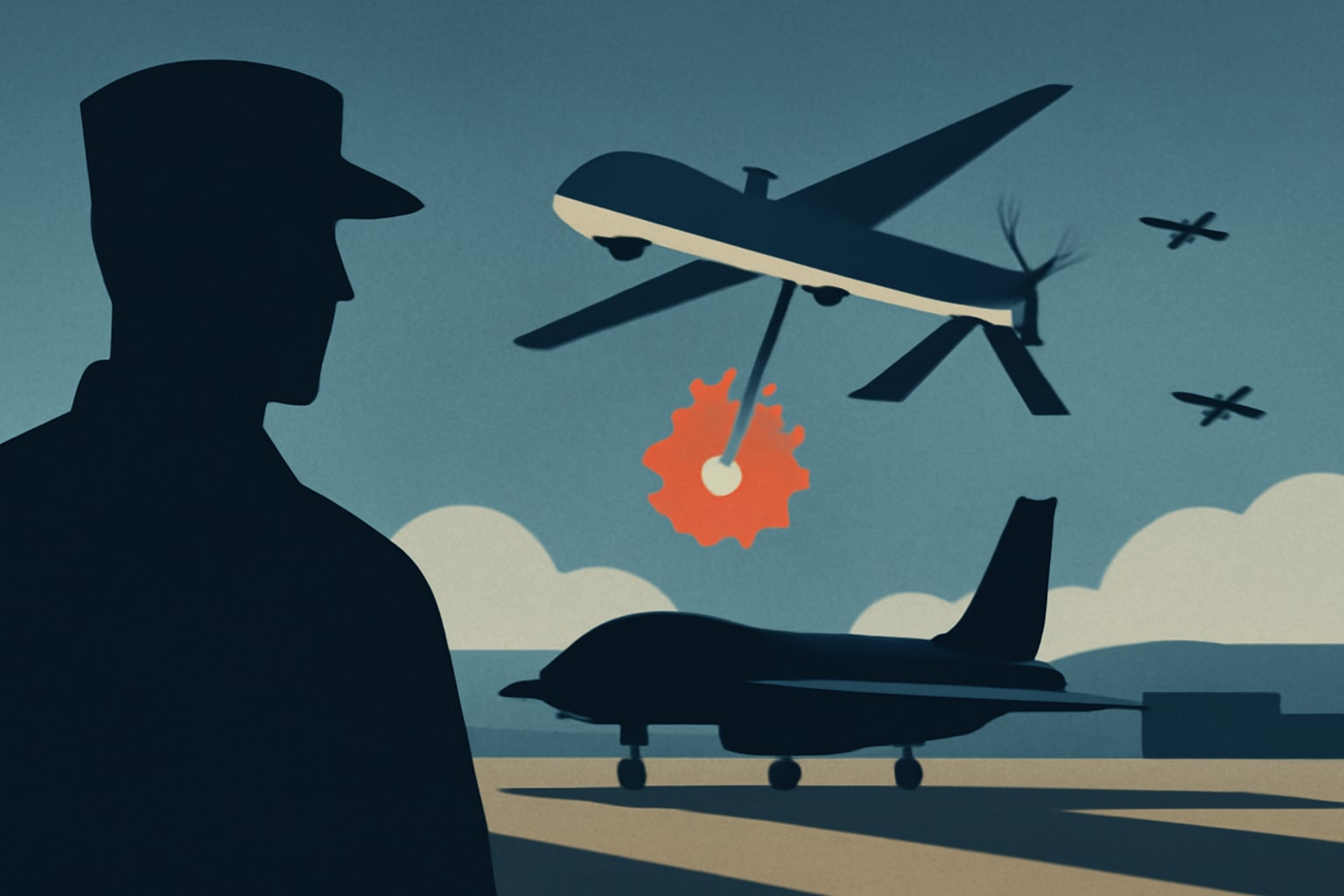 Editorial illustration for: Former NORAD Chief Warns of Drone Attack Vulnerability at U.S. Air Bases