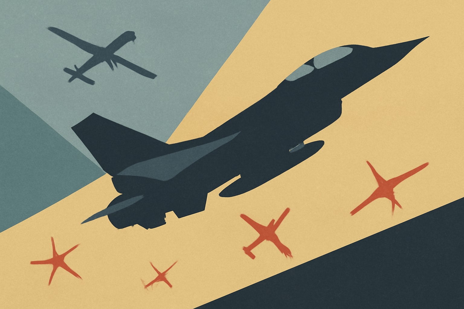 Editorial illustration for: Ukraine's F-16s Facing Wear from Continuous Drone Interceptions