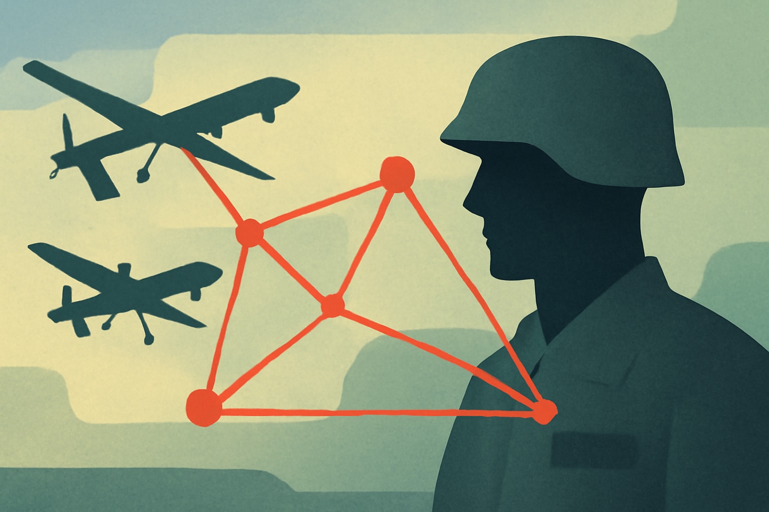 Editorial illustration for: Future Military Success in Drones Will Depend on Networks, Not Numbers