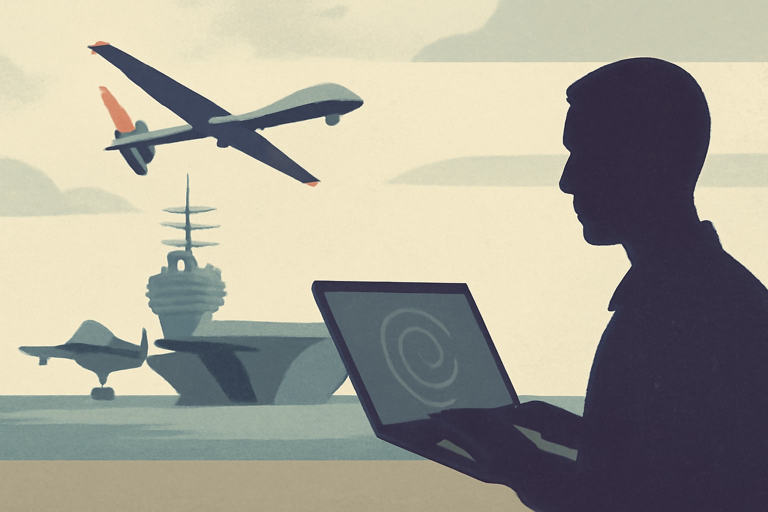 Editorial illustration for: USS Theodore Roosevelt Becomes First Carrier with Unmanned Air Warfare Center