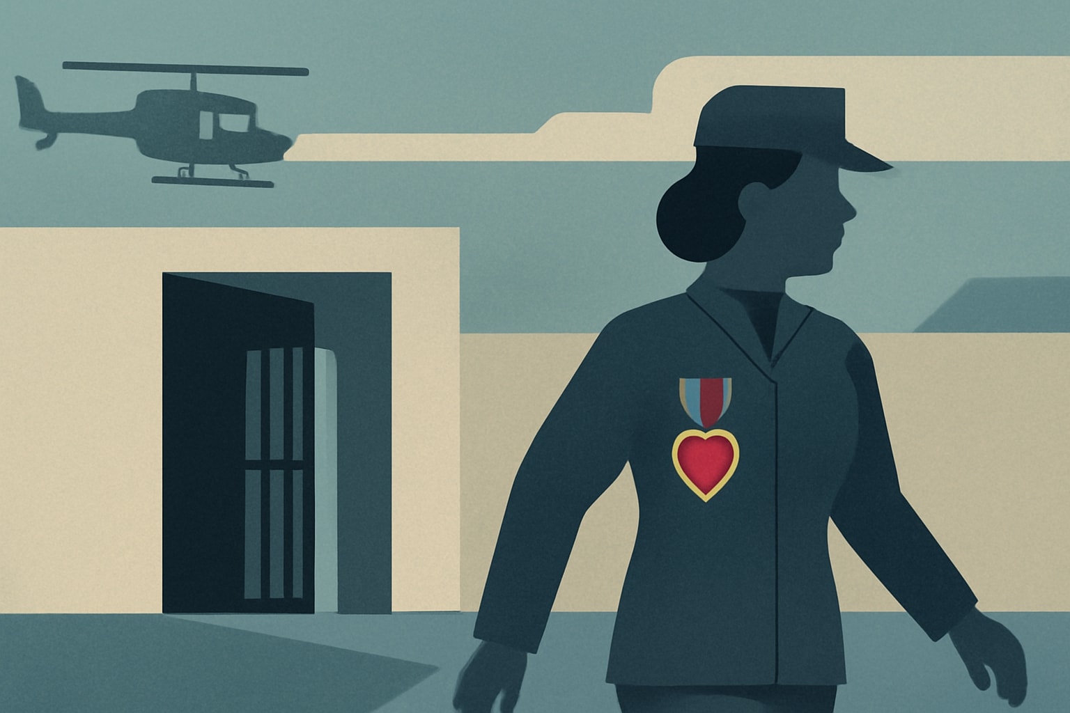 Editorial illustration for: Woman Convicted for Posing as Marine and Purple Heart Recipient Leaving Prison