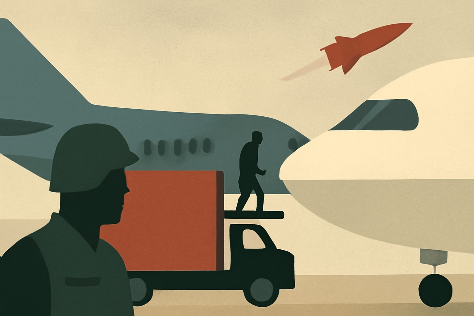 Editorial illustration for: Trump Swaps Planes via Catering Truck After Iranian Threats