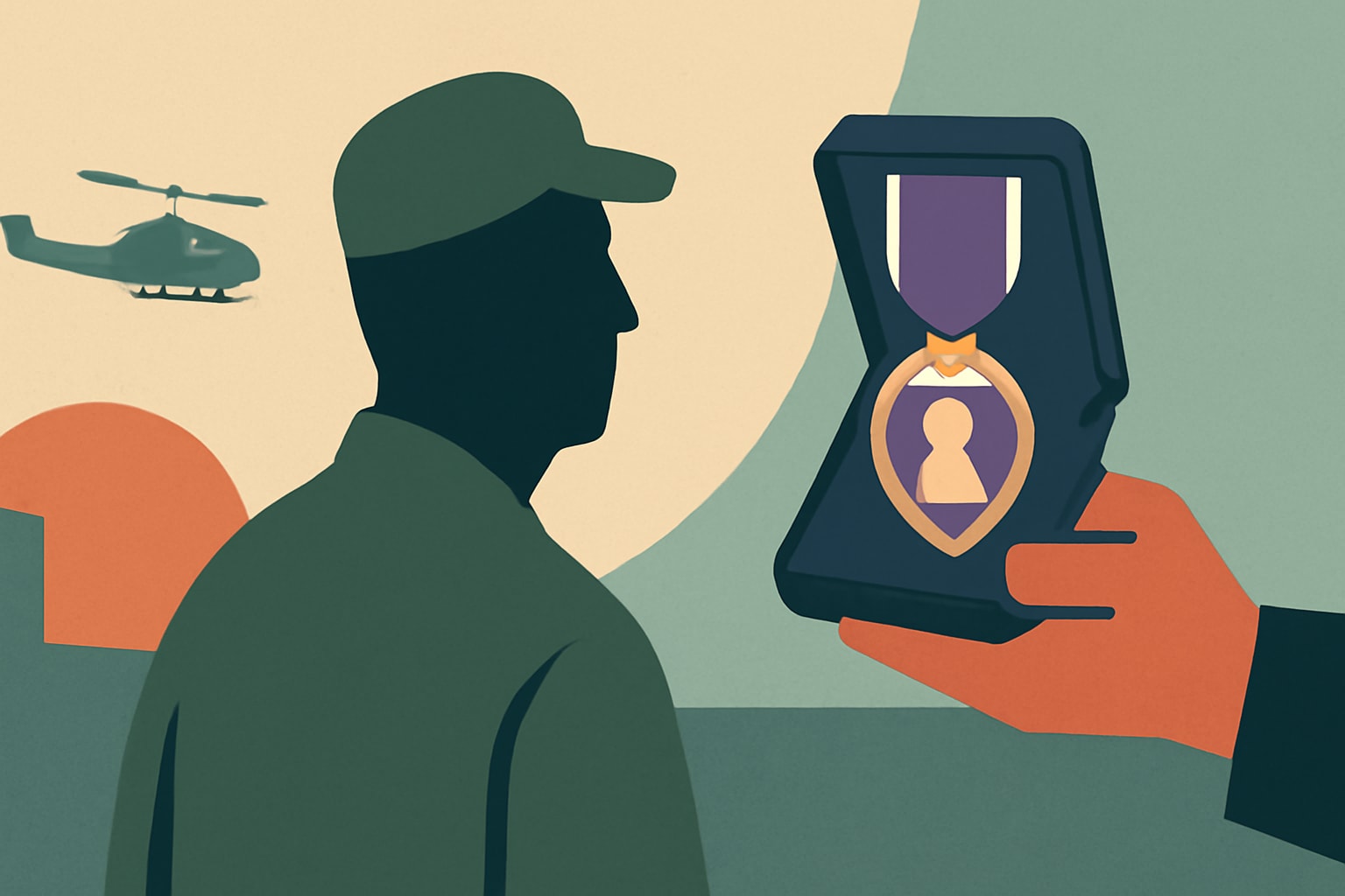 Editorial illustration for: Vietnam Veteran Receives Purple Heart Surprise at 77th Birthday Celebration