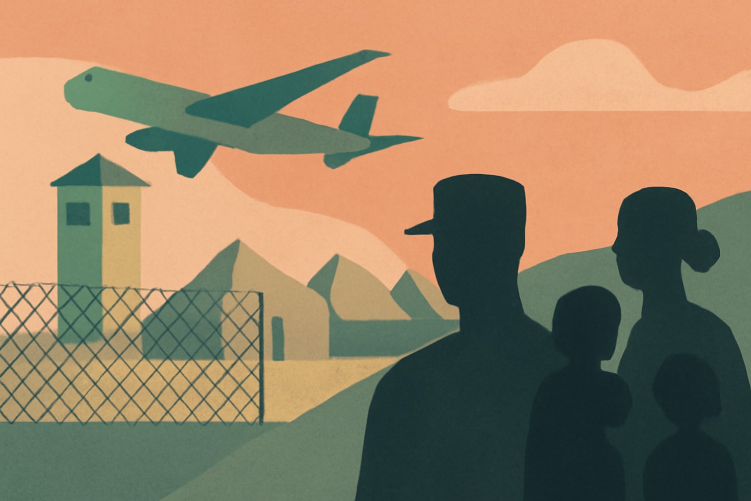 Editorial illustration for: Hundreds of Military Families Stranded as Qatar Camp Faces Closure