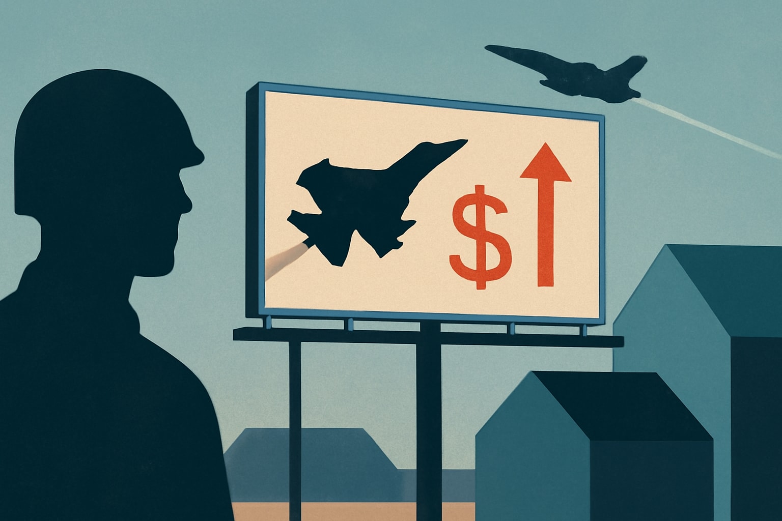 Editorial illustration for: Billboard Campaign Links Iran Conflict to Rising Prices for Military Families