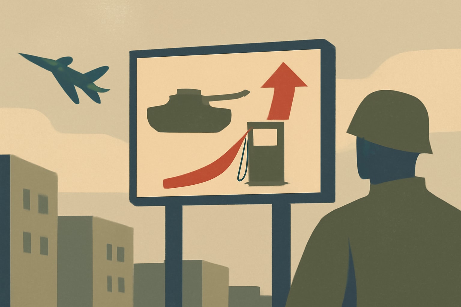 Editorial illustration for: Billboard Campaign in Military Cities Connects Iran War to Higher Prices