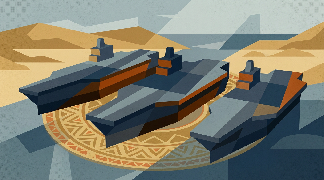 Editorial illustration for: Three U.S. Aircraft Carriers Operating in Middle East for First Time Since 2003